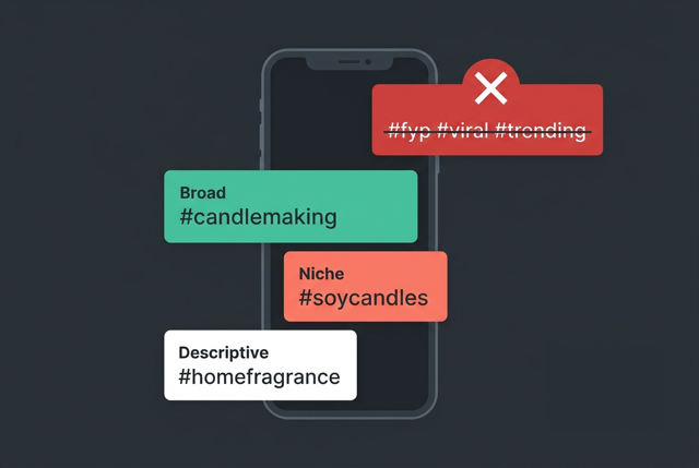 TikTok hashtag strategy showing broad niche and descriptive tags