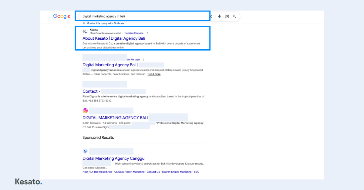 Google search results example by Kesato, showing how relevant keywords can help businesses appear for the terms customers actually search.