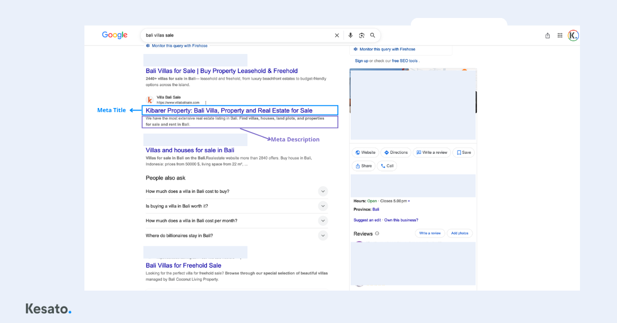 Google search result example by Kesato, highlighting the meta title and meta description that influence how a webpage appears in search results.