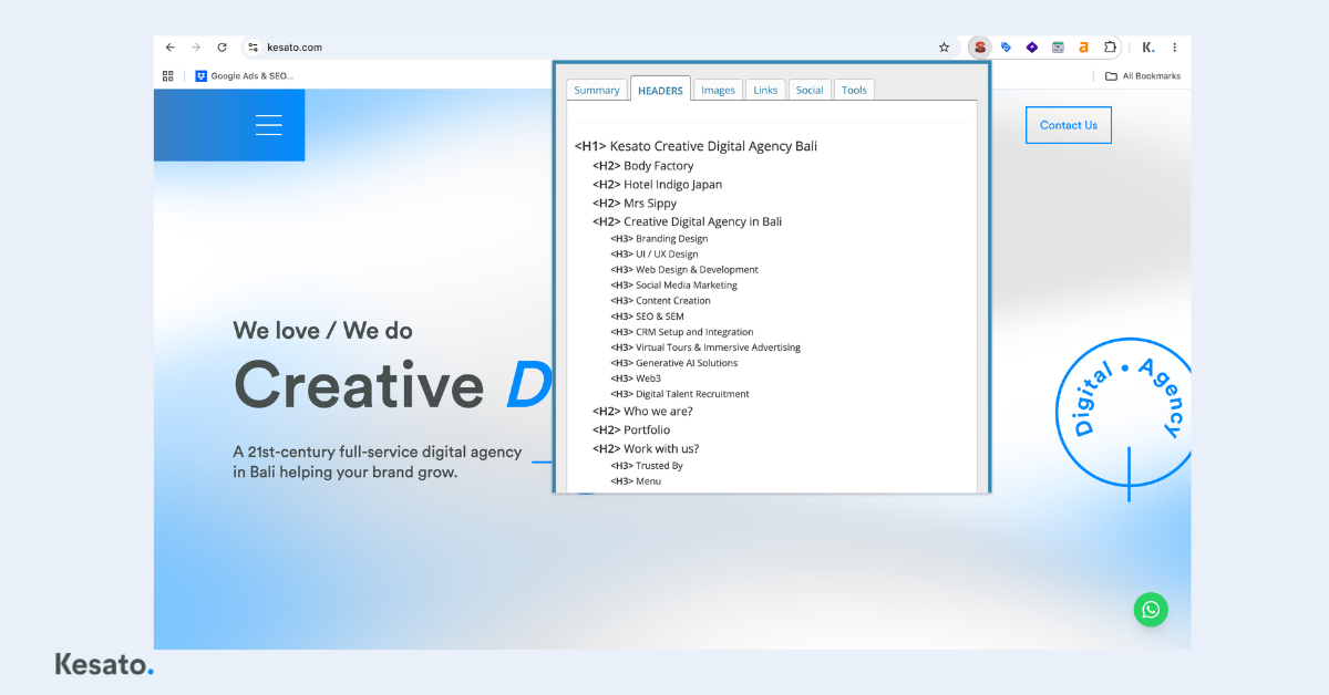 Website heading structure example by Kesato, showing H1, H2, and H3 hierarchy using the Detailed SEO Extension to review on-page SEO.