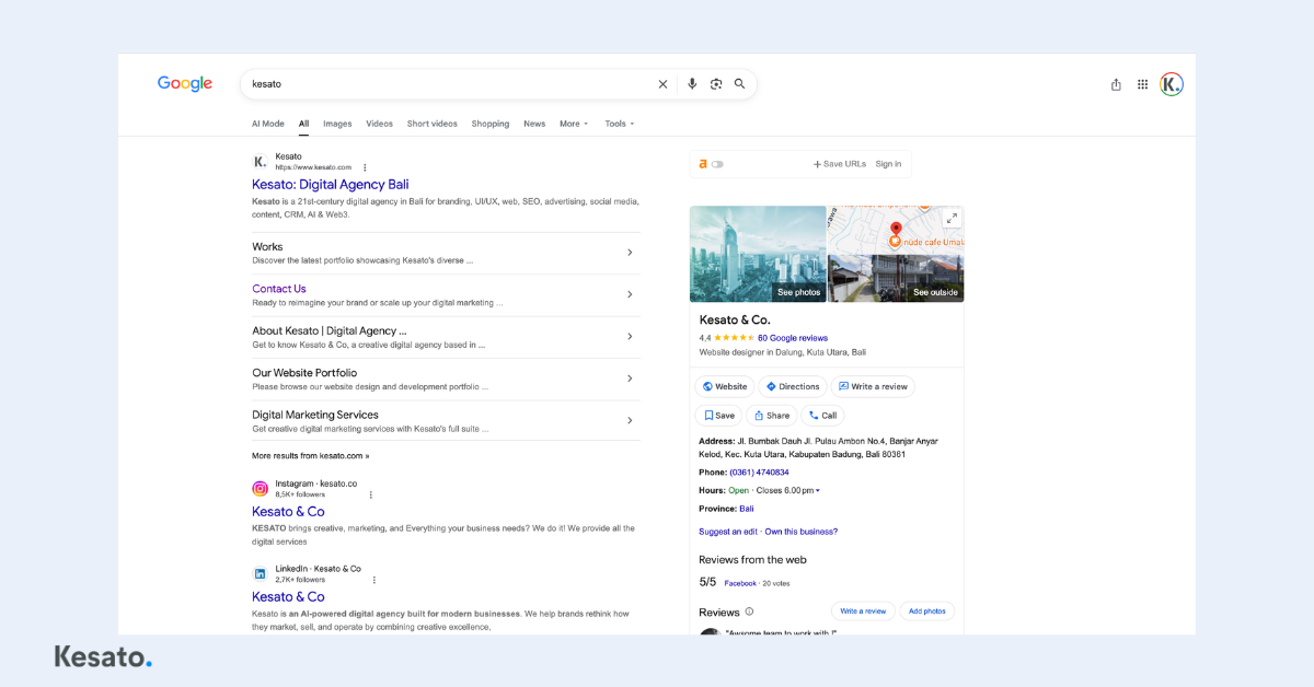 Google Business Profile example by Kesato, showing how local business information, reviews, location, and contact details appear in Google Search for local SEO.