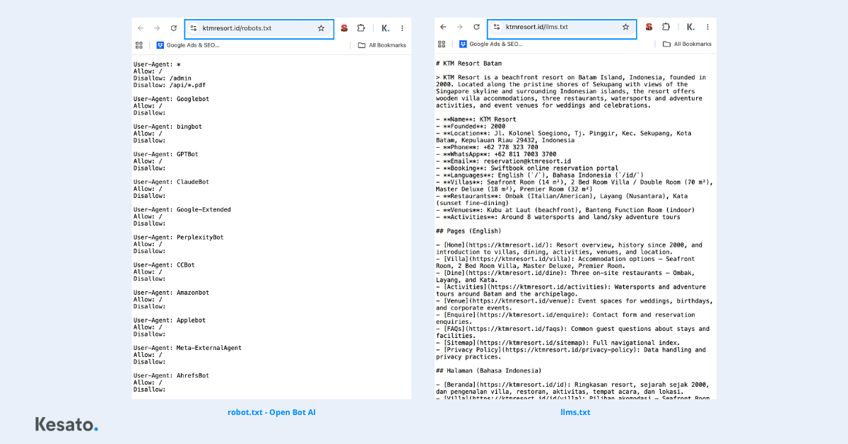 Example of robots.txt and llms.txt files by Kesato, showing how websites can manage access for search engine and AI crawlers.