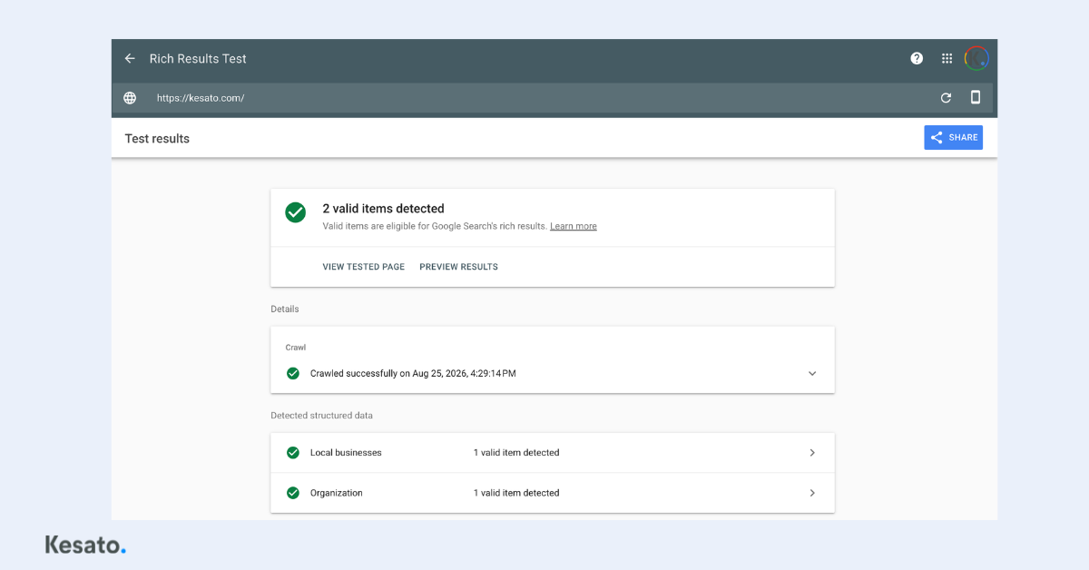 Google Rich Results Test example by Kesato, showing valid structured data for Local Business and Organization schema to support SEO visibility.