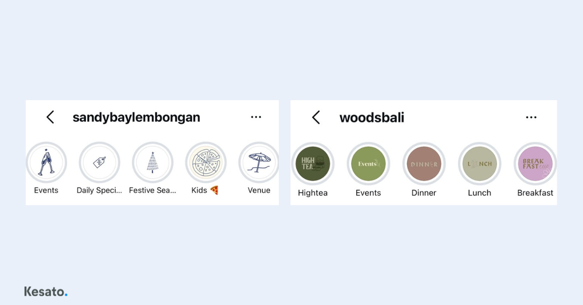 Examples of organized Instagram Story Highlights for businesses by Kesato, showing categories for events, dining, kids, and venue information.