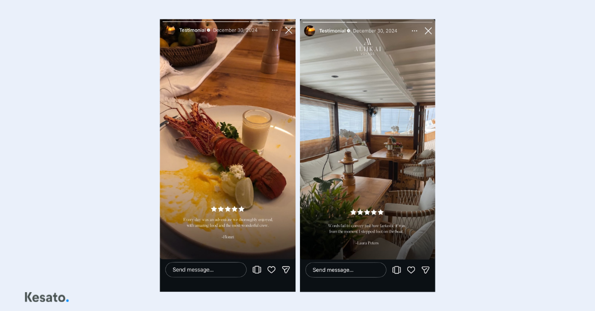 Examples of customer review content by Kesato, featuring testimonial Stories used to build trust and social proof for hospitality brands.