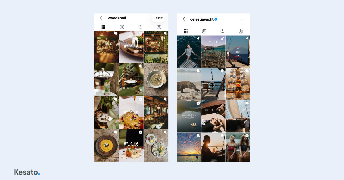 Examples of consistent Instagram visual branding by Kesato, showing cohesive feeds through color, photography style, and content direction.