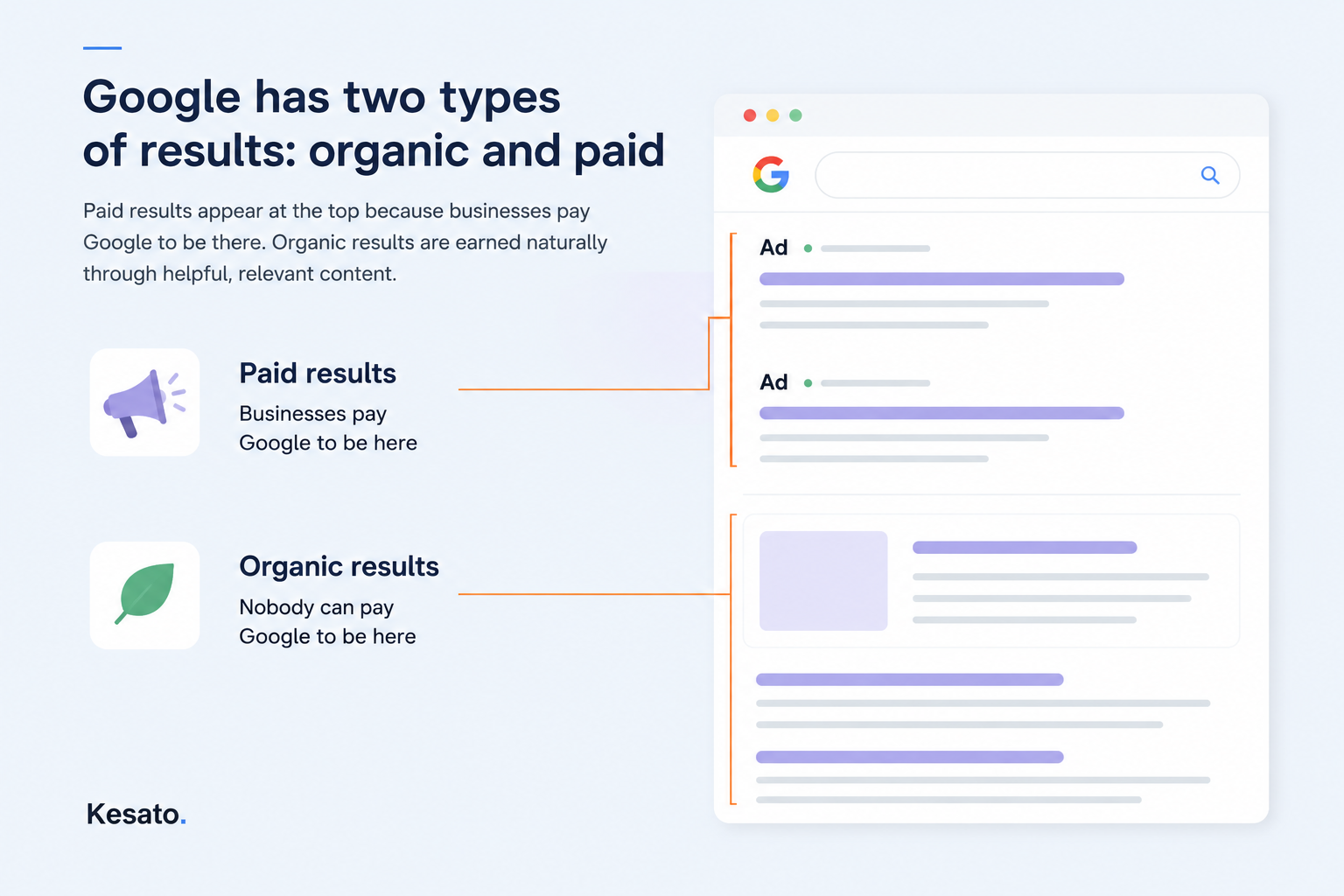 Infographic comparing paid Google Ads and organic search results in Google Search.