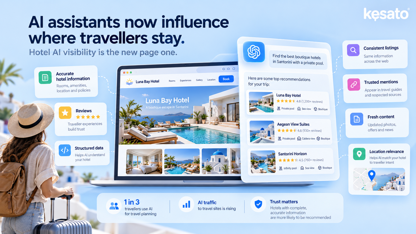 AI-powered travel search and hotel recommendation concept.