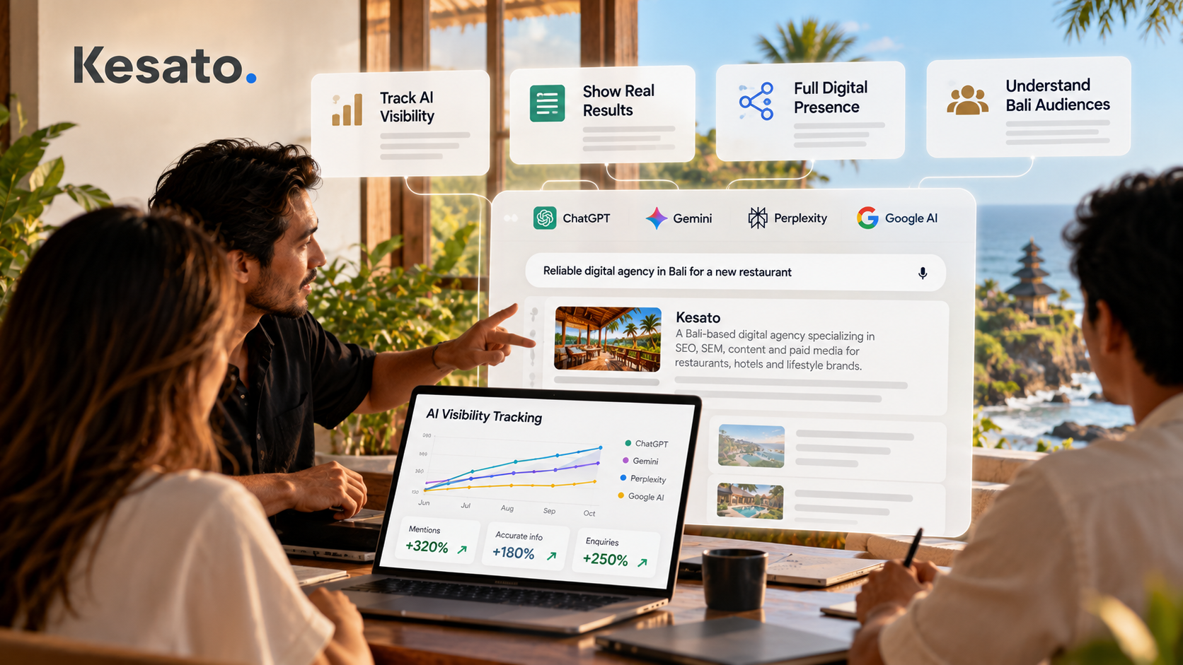 llustration of a Bali-based AI SEO agency team reviewing AI search visibility