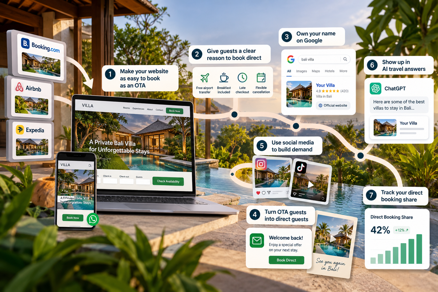 Bali villa direct booking strategy showing website optimization, direct booking perks, Google visibility, social media, guest follow-up, AI travel recommendations, and booking performance tracking.