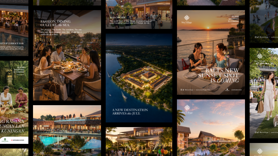 Kesato content marketing work for Sira Village, featuring social media campaigns, lifestyle content, dining, retail, and destination visuals.