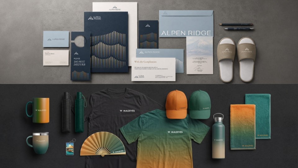 Kesato digital creative and branding work featuring Alpen Ridge stationery and W Maldives branded merchandise.