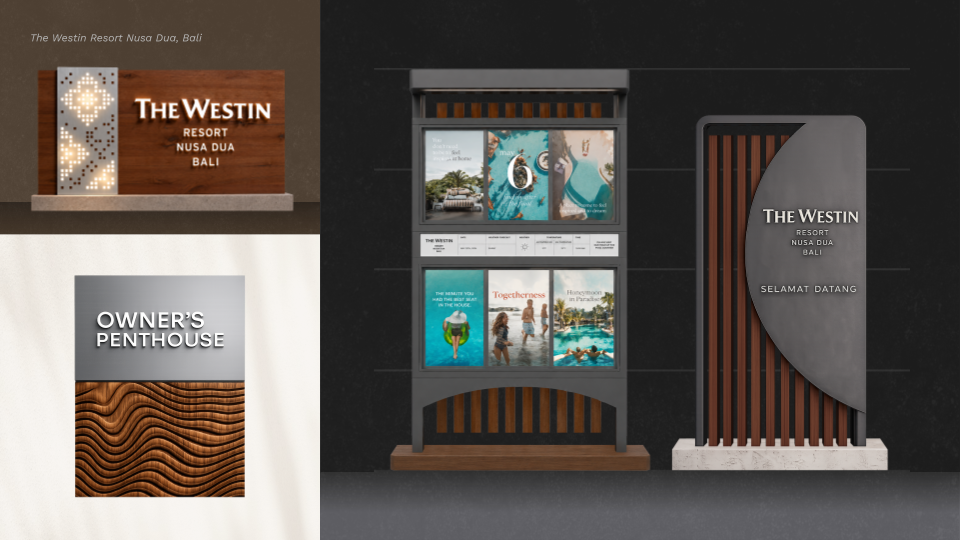 Kesato environmental graphic design for The Westin Resort Nusa Dua Bali, featuring branded signage, wayfinding, and display installations.