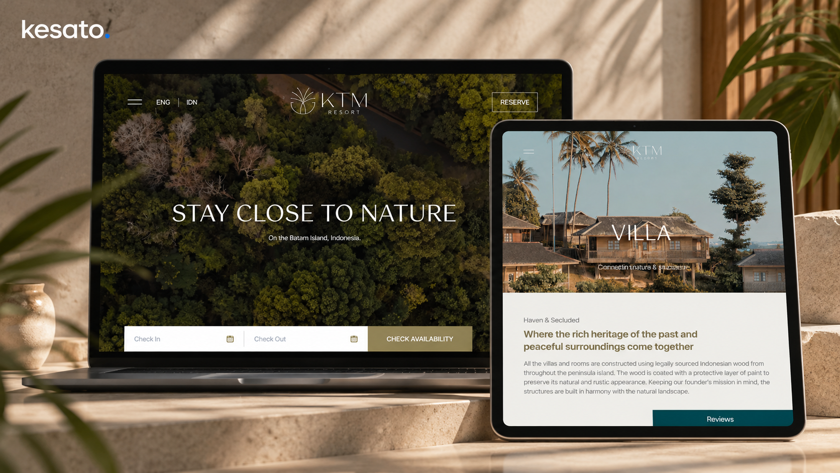 KTM Resort website UI/UX displayed on a laptop and tablet, featuring the nature-inspired homepage and villa page in a modern resort website portfolio mockup by Kesato.